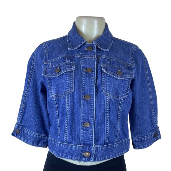 Loft Womens Medium Blue Denim Button Front Cropped Jacket 3/4 Sleeve Cotton - Picture 1 of 8
